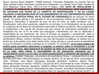 Época: Novena Época Registro: 163686 Instancia: Tribunales Colegiados de Circuito Tipo de
Tesis: Aislada Fuente: Semanario Judicial de la Federación y su Gaceta Tomo XXXII, Octubre de
2010 Materia(s): Penal Tesis: XVII.1o.P.A.62 P Página: 2900 AUTO DE VINCULACIÓN A
PROCESO. EL JUZGADOR, AL RESOLVER SOBRE SU PROCEDENCIA, DEBE ABSTENERSE
DE ESTUDIAR LOS DATOS DE LA CARPETA DE INVESTIGACIÓN Y, EN SU LUGAR,
VALORAR LA RACIONABILIDAD DE LOS ARGUMENTOS DE LOS CONTENDIENTES (NUEVO
SISTEMA DE JUSTICIA PENAL EN EL ESTADO DE CHIHUAHUA).De los artículos 16, tercer
párrafo, 19, primer párrafo y 20, apartado A, de la Constitución Política de los Estados Unidos
Mexicanos, reformados el dieciocho de junio de dos mil ocho, es dable considerar que el
Constituyente, entre otras cuestiones, determinó, en principio, la no formalización de las pruebas
en cualquiera de las fases del procedimiento penal bajo el sistema acusatorio, salvo excepciones;
el impedimento a los Jueces del proceso oral para revisar las actuaciones practicadas en la
indagatoria fue con el fin de evitar que prejuzguen, manteniendo con ello la objetividad e
imparcialidad de sus decisiones, así como el principio de igualdad y contradicción, dada la
horizontalidad de la posición de las teorías del caso de los contendientes, por una parte del agente
del Ministerio Público, víctima u ofendido y, por otra, del imputado y la defensa, en relación con un
hecho que la ley señale como delito (hecho ilícito, núcleo del tipo) y cuando exista la probabilidad
de que el indiciado lo cometió o participó en su comisión. En conclusión, en el nuevo sistema de
justicia penal acusatorio adversarial, el juzgador, al resolver sobre la vinculación o no del
imputado a proceso, debe abstenerse de estudiar los datos de la carpeta de investigación y,
en su lugar, debe valorar la racionabilidad de los argumentos expuestos por la
representación social y, en su caso, la contra-argumentación o refutación del imputado o de
su defensa. PRIMER TRIBUNAL COLEGIADO EN MATERIAS PENAL Y ADMINISTRATIVA DEL
DÉCIMO SÉPTIMO CIRCUITO.Amparo en revisión 22/2010. 22 de abril de 2010. Unanimidad de
votos. Ponente: José Martín Hernández Simental. Secretario: Guillermo Alberto Flores
Hernández.Amparo en revisión 110/2010. 2 de julio de 2010. Unanimidad de votos. Ponente: José
Martín Hernández Simental. Secretario: Guillermo Alberto Flores Hernández.Amparo en revisión
147/2010. 19 de agosto de 2010. Unanimidad de votos. Ponente: José Martín Hernández Simental.
Secretario: Guillermo Alberto Flores Hernández.Nota: Por ejecutoria del 16 de febrero de 2011, la
 