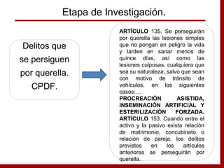 Etapa de Investigación.
Delitos que
se persiguen
por querella.
CPDF.
ARTÍCULO 135. Se perseguirán
por querella las lesiones simples
que no pongan en peligro la vida
y tarden en sanar menos de
quince días, así como las
lesiones culposas, cualquiera que
sea su naturaleza, salvo que sean
con motivo de tránsito de
vehículos, en los siguientes
casos:…
PROCREACIÓN ASISTIDA,
INSEMINACIÓN ARTIFICIAL Y
ESTERILIZACIÓN FORZADA.
ARTÍCULO 153. Cuando entre el
activo y la pasivo exista relación
de matrimonio, concubinato o
relación de pareja, los delitos
previstos en los artículos
anteriores se perseguirán por
querella.
 