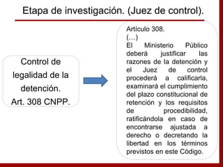 Control de
legalidad de la
detención.
Art. 308 CNPP.
Artículo 308.
(…)
El Ministerio Público
deberá justificar las
razones de la detención y
el Juez de control
procederá a calificarla,
examinará el cumplimiento
del plazo constitucional de
retención y los requisitos
de procedibilidad,
ratificándola en caso de
encontrarse ajustada a
derecho o decretando la
libertad en los términos
previstos en este Código.
Etapa de investigación. (Juez de control).
 