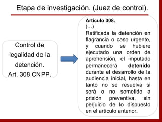 Control de
legalidad de la
detención.
Art. 308 CNPP.
Artículo 308.
(…)
Ratificada la detención en
flagrancia o caso urgente,
y cuando se hubiere
ejecutado una orden de
aprehensión, el imputado
permanecerá detenido
durante el desarrollo de la
audiencia inicial, hasta en
tanto no se resuelva si
será o no sometido a
prisión preventiva, sin
perjuicio de lo dispuesto
en el artículo anterior.
Etapa de investigación. (Juez de control).
 