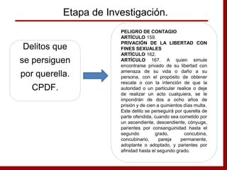 Etapa de Investigación.
Delitos que
se persiguen
por querella.
CPDF.
PELIGRO DE CONTAGIO
ARTÍCULO 159.
PRIVACIÓN DE LA LIBERTAD CON
FINES SEXUALES
ARTÍCULO 162.
ARTÍCULO 167. A quien simule
encontrarse privado de su libertad con
amenaza de su vida o daño a su
persona, con el propósito de obtener
rescate o con la intención de que la
autoridad o un particular realice o deje
de realizar un acto cualquiera, se le
impondrán de dos a ocho años de
prisión y de cien a quinientos días multa.
Este delito se perseguirá por querella de
parte ofendida, cuando sea cometido por
un ascendiente, descendiente, cónyuge,
parientes por consanguinidad hasta el
segundo grado, concubina,
concubinario, pareja permanente,
adoptante o adoptado, y parientes por
afinidad hasta el segundo grado.
 