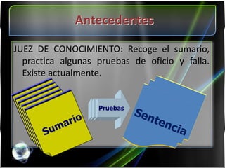 SumarioSumarioSumarioSumarioSumarioAntecedentesJUEZ DE CONOCIMIENTO: Recoge el sumario, practica algunas pruebas de oficio y falla. Existe actualmente. SentenciaPruebas