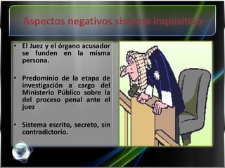 Aspectos negativos sistema inquisitivoEl Juez y el órgano acusador se funden en la misma persona.Predominio de la etapa de investigación a cargo del Ministerio Público sobre la del proceso penal ante el juezSistema escrito, secreto, sin contradictorio. 