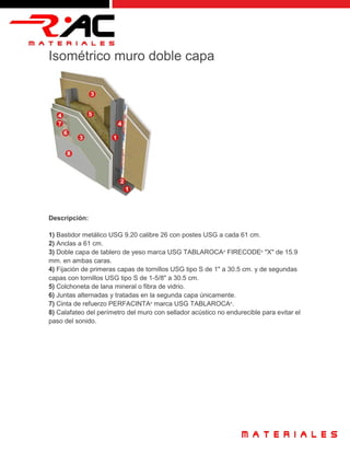 Isométrico muro doble capa
Descripción:
1) Bastidor metálico USG 9.20 calibre 26 con postes USG a cada 61 cm.
2) Anclas a 61 cm.
3) Doble capa de tablero de yeso marca USG TABLAROCA®
FIRECODE®
"X" de 15.9
mm. en ambas caras.
4) Fijación de primeras capas de tornillos USG tipo S de 1" a 30.5 cm. y de segundas
capas con tornillos USG tipo S de 1-5/8" a 30.5 cm.
5) Colchoneta de lana mineral o fibra de vidrio.
6) Juntas alternadas y tratadas en la segunda capa únicamente.
7) Cinta de refuerzo PERFACINTA®
marca USG TABLAROCA®
.
8) Calafateo del perímetro del muro con sellador acústico no endurecible para evitar el
paso del sonido.
 