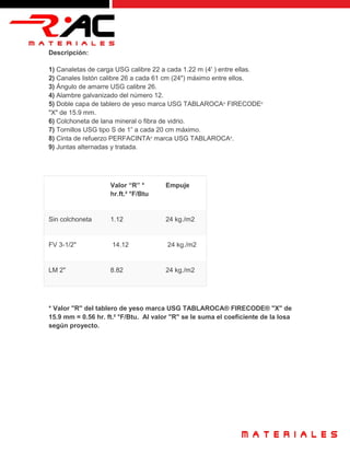 Descripción:
1) Canaletas de carga USG calibre 22 a cada 1.22 m (4' ) entre ellas.
2) Canales listón calibre 26 a cada 61 cm (24") máximo entre ellos.
3) Ángulo de amarre USG calibre 26.
4) Alambre galvanizado del número 12.
5) Doble capa de tablero de yeso marca USG TABLAROCA®
FIRECODE®
"X" de 15.9 mm.
6) Colchoneta de lana mineral o fibra de vidrio.
7) Tornillos USG tipo S de 1” a cada 20 cm máximo.
8) Cinta de refuerzo PERFACINTA®
marca USG TABLAROCA®
.
9) Juntas alternadas y tratada.
Valor “R” *
hr.ft.² °F/Btu
Empuje
Sin colchoneta 1.12 24 kg./m2
FV 3-1/2" 14.12 24 kg./m2
LM 2" 8.82 24 kg./m2
* Valor "R" del tablero de yeso marca USG TABLAROCA® FIRECODE® "X" de
15.9 mm = 0.56 hr. ft.² °F/Btu. Al valor "R" se le suma el coeficiente de la losa
según proyecto.
 