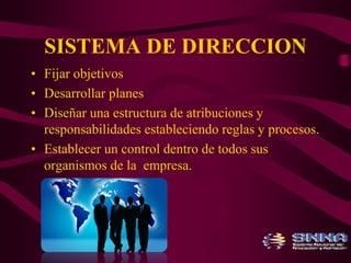 SISTEMA DE DIRECCION 
• Fijar objetivos 
• Desarrollar planes 
• Diseñar una estructura de atribuciones y 
responsabilidades estableciendo reglas y procesos. 
• Establecer un control dentro de todos sus 
organismos de la empresa. 
 