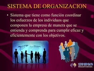 SISTEMA DE ORGANIZACION 
• Sistema que tiene como función coordinar 
los esfuerzos de los individuos que 
componen la empresa de manera que se 
entienda y comprenda para cumplir eficaz y 
eficientemente con los objetivos. 
 