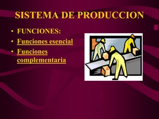 SISTEMA DE PRODUCCION 
• FUNCIONES: 
• Funciones esencial 
• Funciones 
complementaria 
 
