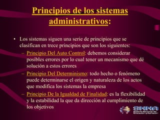 Principios de los sistemas 
administrativos: 
• Los sistemas siguen una serie de principios que se 
clasifican en trece principios que son los siguientes: 
– Principio Del Auto Control: debemos considerar 
posibles errores por lo cual tener un mecanismo que dé 
solución a estos errores 
– Principio Del Determinismo: todo hecho o fenómeno 
puede determinarse el origen y naturaleza de los actos 
que modifica los sistemas la empresa 
– Principio De la Igualdad de Finalidad: es la flexibilidad 
y la estabilidad la que da dirección al cumplimiento de 
los objetivos 
 