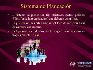 Sistema de Planeación 
• El sistema de planeación fija objetivos, metas, políticas 
(Filosofía de la organización) que deberán cumplirse. 
• La planeación posibilita ampliar el foco de atención hacia 
los cambios del entorno. 
• Está presente en todos los niveles organizacionales con sus 
propias características. 
 