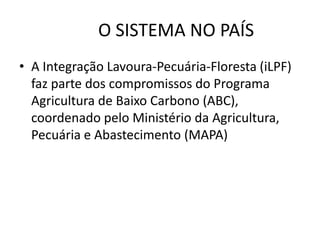 O SISTEMA NO PAÍS
• A Integração Lavoura-Pecuária-Floresta (iLPF)
faz parte dos compromissos do Programa
Agricultura de Baixo Carbono (ABC),
coordenado pelo Ministério da Agricultura,
Pecuária e Abastecimento (MAPA)
 
