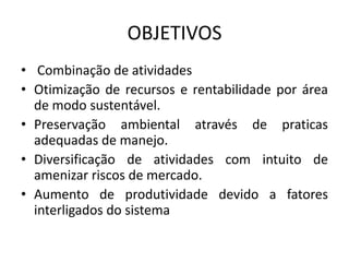 OBJETIVOS
• Combinação de atividades
• Otimização de recursos e rentabilidade por área
de modo sustentável.
• Preservação ambiental através de praticas
adequadas de manejo.
• Diversificação de atividades com intuito de
amenizar riscos de mercado.
• Aumento de produtividade devido a fatores
interligados do sistema
 