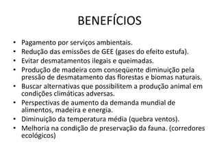 BENEFÍCIOS
• Pagamento por serviços ambientais.
• Redução das emissões de GEE (gases do efeito estufa).
• Evitar desmatamentos ilegais e queimadas.
• Produção de madeira com conseqüente diminuição pela
pressão de desmatamento das florestas e biomas naturais.
• Buscar alternativas que possibilitem a produção animal em
condições climáticas adversas.
• Perspectivas de aumento da demanda mundial de
alimentos, madeira e energia.
• Diminuição da temperatura média (quebra ventos).
• Melhoria na condição de preservação da fauna. (corredores
ecológicos)
 