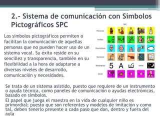 2.- Sistema de comunicación con Símbolos
Pictográficos SPC
Se trata de un sistema asistido, puesto que requiere de un instrumento
o ayuda técnica, como paneles de comunicación o ayudas electrónicas,
basado en símbolos.
El papel que juega el maestro en la vida de cualquier niño es
primordial; puesto que son referentes y modelos de imitación y como
tal, deben tenerlo presente a cada paso que dan, dentro y fuera del
aula
Los símbolos pictográficos permiten o
facilitan la comunicación de aquellas
personas que no pueden hacer uso de un
sistema vocal. Su éxito reside en su
sencillez y transparencia, también en su
flexibilidad a la hora de adaptarse a
diversos niveles de desarrollo,
comunicación y necesidades.
 