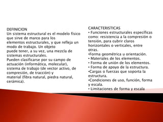 DEFINICION
Un sistema estructural es el modelo físico
que sirve de marco para los
elementos estructurales, y que refleja un
modo de trabajo. Un objeto
puede tener, a su vez, una mezcla de
sistemas estructurales.
Pueden clasificarse por su campo de
actuación (informática, molecular),
sistema de trabajo (de vector activo, de
compresión, de tracción) y
material (fibra natural, piedra natural,
cerámica).
CARACTERISTICAS
• Funciones estructurales específicas
como: resistencia a la compresión o
tensión, para cubrir claros
horizontales o verticales, entre
otras.
•Forma geométrica u orientación.
• Materiales de los elementos.
• Forma de unión de los elementos.
• Forma de apoyo de la estructura.
•Cargas o fuerzas que soporta la
estructura.
•Condiciones de uso, función, forma
y escala.
• Limitaciones de forma y escala
 