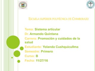 ESCUELA SUPERIOR POLITÉCNICA DE CHIMBORAZO
Tema: Sistema articular
Dr. Armando Quintana
Carrera: Promoción y cuidados de la
salud
Estudiante: Yolanda Cushquicullma
Semestre: Primero
Curso: B
Fecha: 11/27/16
 
