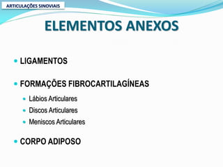 ARTICULAÇÕES SINOVIAIS



               ELEMENTOS ANEXOS

   LIGAMENTOS

   FORMAÇÕES FIBROCARTILAGÍNEAS
       Lábios Articulares
       Discos Articulares
       Meniscos Articulares


   CORPO ADIPOSO
 