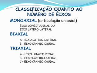 CLASSIFICAÇÃO QUANTO AO
      NÚMERO DE EIXOS
MONOAXIAL (articulação uniaxial)
    EIXO LONGITUDINAL OU
    EIXO LATERO-LATERAL
BIAXIAL
    A - EIXO LATERO-LATERAL
    B - EIXO CRANIO-CAUDAL
TRIAXIAL
    A – EIXO LONGITUDINAL
    B – EIXO LATERO-LATERAL
    C – EIXO CRANIO-CAUDAL
 
