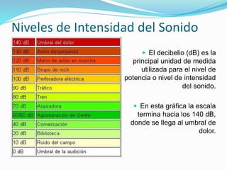 Niveles de Intensidad del Sonido
 El decibelio (dB) es la
principal unidad de medida
utilizada para el nivel de
potencia o nivel de intensidad
del sonido.
 En esta gráfica la escala
termina hacia los 140 dB,
donde se llega al umbral de
dolor.
 