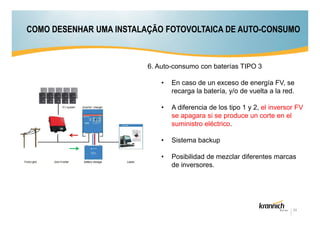 COMO DESENHAR UMA INSTALAÇÃO FOTOVOLTAICA DE AUTO-CONSUMO

6. Auto-consumo con baterías TIPO 3
•

En caso de un exceso de energía FV, se
recarga la batería, y/o de vuelta a la red.

•

A diferencia de los tipo 1 y 2, el inversor FV
se apagara si se produce un corte en el
suministro eléctrico.

•

Sistema backup

•

Posibilidad de mezclar diferentes marcas
de inversores.

24

 