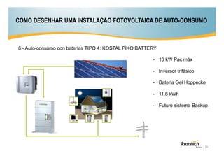 COMO DESENHAR UMA INSTALAÇÃO FOTOVOLTAICA DE AUTO-CONSUMO

6.- Auto-consumo con baterias TIPO 4: KOSTAL PIKO BATTERY
- 10 kW Pac máx
- Inversor trifásico
- Bateria Gel Hoppecke
- 11.6 kWh
- Futuro sistema Backup

29

 
