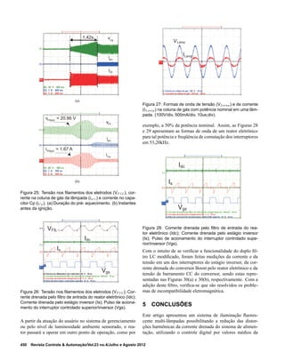 1.42s vFil
iarc
iCp
(a)
vFil(pp)
= 20.86 V
iFil(pp)
= 1.67 A
vFil
iarc
iCp
(b)
Figura 25: Tensão nos ﬁlamentos dos eletrodos (VF IL), cor-
rente na coluna de gás da lâmpada (iarc) e corrente no capa-
citor Cp (iCp). (a) Duração do pré- aquecimento. (b) Instantes
antes da ignição.
Idc
Is
Vgs
VFIL
Figura 26: Tensão nos ﬁlamentos dos eletrodos (VF IL); Cor-
rente drenada pelo ﬁltro de entrada do reator eletrônico (Idc);
Corrente drenada pelo estágio inversor (Is); Pulso de aciona-
mento do interruptor controlado superior/inversor (Vgs).
A partir da atuação do usuário no sistema de gerenciamento
ou pelo nível de luminosidade ambiente sensorado, o rea-
tor passará a operar em outro ponto de operação, como por
VLamp
ILamp
Figura 27: Formas de onda de tensão (VLamp) e de corrente
(ILamp) na coluna de gás com potência nominal em uma lâm-
pada. (100V/div, 500mA/div, 10us;div).
exemplo, a 50% da potência nominal. Assim, as Figuras 28
e 29 apresentam as formas de onda de um reator eletrônico
para tal potência e freqüência de comutação dos interruptores
em 53,20kHz.
Is
Vgs
Idc
Figura 28: Corrente drenada pelo ﬁltro de entrada do rea-
tor eletrônico (Idc); Corrente drenada pelo estágio inversor
(Is); Pulso de acionamento do interruptor controlado supe-
rior/inversor (Vgs).
Com o intuito de se veriﬁcar a funcionalidade do duplo ﬁl-
tro LC modiﬁcado, foram feitas medições da corrente e da
tensão em um dos interruptores do estágio inversor, da cor-
rente drenada do conversor Boost pelo reator eletrônico e da
tensão de barramento CC do conversor, sendo estas repre-
sentadas nas Figuras 30(a) e 30(b), respectivamente. Com a
adição deste ﬁltro, veriﬁca-se que são resolvidos os proble-
mas de incompatibilidade eletromagnética.
5 CONCLUSÕES
Este artigo apresentou um sistema de iluminação ﬂuores-
cente multi-lâmpadas possibilitando a redução das distor-
ções harmônicas da corrente drenada do sistema de alimen-
tação, utilizando o controle digital por valores médios da
450 Revista Controle & Automação/Vol.23 no.4/Julho e Agosto 2012
 