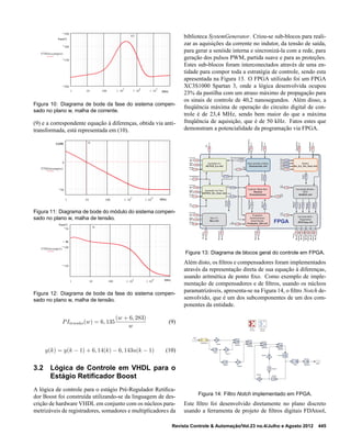 1 10 100 1 ?10
3
1 ?10
4
1 ?10
5
200
150
100
fc1
Fase[°]
f[Hz]
FTMAccomp(w)
124
Figura 10: Diagrama de bode da fase do sistema compen-
sado no plano w, malha de corrente.
(9) e a correspondente equação à diferenças, obtida via anti-
transformada, está representada em (10).
1 10 100 1 ?10
3
1 ?10
4
50
0
fc
FTMAtcomp(w)
f[Hz]
G[dB]
Figura 11: Diagrama de bode do módulo do sistema compen-
sado no plano w, malha de tensão.
1 10 100 1 ?10
3
1 ?10
4
150
100
50
fc
Fase[°]
f[Hz]
FTMAtcomp(w)
86
Figura 12: Diagrama de bode da fase do sistema compen-
sado no plano w, malha de tensão.
PItens˜ao(w) = 6, 135
(w + 6, 283)
w
(9)
y(k) = y(k − 1) + 6, 14(k) − 6, 143u(k − 1) (10)
3.2 Lógica de Controle em VHDL para o
Estágio Retiﬁcador Boost
A lógica de controle para o estágio Pré-Regulador Retiﬁca-
dor Boost foi construída utilizando-se da linguagem de des-
crição de hardware VHDL em conjunto com os núcleos para-
metrizáveis de registradores, somadores e multiplicadores da
biblioteca SystemGenerator. Criou-se sub-blocos para reali-
zar as aquisições da corrente no indutor, da tensão de saída,
para gerar a senóide interna e sincronizá-la com a rede, para
geração dos pulsos PWM, partida suave e para as proteções.
Estes sub-blocos foram interconectados através de uma en-
tidade para compor toda a estratégia de controle, sendo esta
apresentada na Figura 13. O FPGA utilizado foi um FPGA
XC3S1000 Spartan 3, onde a lógica desenvolvida ocupou
23% da pastilha com um atraso máximo de propagação para
os sinais de controle de 40,2 nanosegundos. Além disso, a
freqüência máxima de operação do circuito digital de con-
trole é de 23,4 MHz, sendo bem maior do que a máxima
freqüência de aquisição, que é de 50 kHz. Fatos estes que
demonstram a potencialidade da programação via FPGA.
Aquisição ILs
AD7810_ILs.vhd
1 Bit
1 Bit
1 Bit
Gera senoide unitária
Gerasenoide .vhd
1 Bit
Seletor
Sel_ILs_Vin_Vout.vhd
1 Bit
1Bit
Sclk
Convst
Dout
Clk
SincronismoAquis
Clk
1Bit
SinalSincronismo
1Bit
PushButton
8Bits
Senoide
1 Bit
10 Bits
10 Bits
10 Bits
ILs
Vin
Vout
Clk
2Bits
AlteraDado
1Bit
HabitilitaSW
10Bits
Dado
Aquisição Vin /Vout
AD7810_Vin_Vout.vhd
1 Bit
1 Bit
1 Bit
Sclk’
Convst’
Dout’
1 Bit
PushButton
1 Bit
Clk
Controle “Black Box”
Núcleos
Parametrizáveis
10 Bits
ILs
10 Bits
10 Bits
Vin
Vout
RefVout
1Bit
AtaqueGate
10Bits
Proteções
SobreCorrente /
SobreTensão
Proteções _Ref.vhd
Mux 2:1
Mux.vhd
1 Bit
1 Bit
1 Bit
Sclk’
Convst’
Dout’
1 Bit
Clk
Converte BCD -
7segmentos
BCD7seg.vhd
1 Bit
8Bits
Senoide
1Bit
AtivaMux
1Bit
MudaCanal
1Bit
AtaqueGate
1Bit
Ponto
1Bit
1Bit
1Bit
Habilita_disp1
Habilita_disp2
Habilita_disp3
1Bit
Habilita_disp4
Clk
Conversão Binário -
BCD
BinBCD.vhd
1 Bit
Clk
4Bits
display1
4Bits
4Bits
display2
display3
4Bits
display4
1 Bit
Clk
FPGA
Figura 13: Diagrama de blocos geral do controle em FPGA.
Além disto, os ﬁltros e compensadores foram implementados
através da representação direta de sua equação à diferenças,
usando aritmética de ponto ﬁxo. Como exemplo de imple-
mentação de compensadores e de ﬁltros, usando os núcleos
paramatrizáveis, apresenta-se na Figura 14, o ﬁltro Notch de-
senvolvido, que é um dos subcomponentes de um dos com-
ponentes da entidade.
1
Out1
xlslice[a:b]
Slice
Resource
Estimator
dbl fpt
Gateway In
z-1
Delay3
z-1
Delay2
z -1
Delay1
z-1
Delay
cast
Convert1
cast
Convert
b2
CMult4
b1
CMult3
a3
CMult2
a2
CMult 1
a1
CMult a+b
a
b
a
AddSub3
a+b
a
b
a
AddSub2 a+b
a
b
a
AddSub1
a+b
a
b
a
AddSub
System
Generator
1
Vout
Figura 14: Filtro Notch implementado em FPGA.
Este ﬁltro foi desenvolvido diretamente no plano discreto
usando a ferramenta de projeto de ﬁltros digitais FDAtool,
Revista Controle & Automação/Vol.23 no.4/Julho e Agosto 2012 445
 
