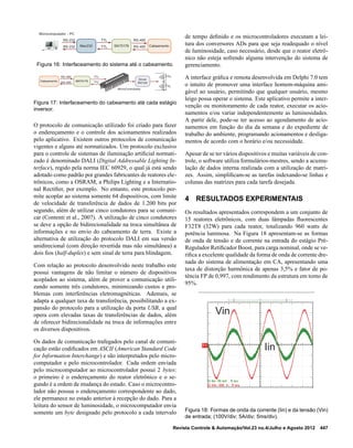 CabeamentoMax232 SN75179
Microcomputador - PC
RS-232
RS-232
TTL
TTL
RS-485
RS-485
Figura 16: Interfaceamento do sistema até o cabeamento.
Driver
IR2104
SH
B
ACabeamento SN75179
MicroControlador
RS-485
RS-485
TTL
TTL
SL
MicroControlador
Figura 17: Interfaceamento do cabeamento até cada estágio
inversor.
O protocolo de comunicação utilizado foi criado para fazer
o endereçamento e o controle dos acionamentos realizados
pelo aplicativo. Existem outros protocolos de comunicação
vigentes e alguns até normatizados. Um protocolo exclusivo
para o controle de sistemas de iluminação artiﬁcial normati-
zado é denominado DALI (Digital Addressable Lighting In-
terface), regido pela norma IEC 60929, o qual já está sendo
adotado como padrão por grandes fabricantes de reatores ele-
trônicos, como a OSRAM, a Philips Lighting e a Internatio-
nal Rectiﬁer, por exemplo. No entanto, este protocolo per-
mite acoplar ao sistema somente 64 dispositivos, com limite
de velocidade de transferência de dados de 1.200 bits por
segundo, além de utilizar cinco condutores para se comuni-
car (Contenti et al., 2007). A utilização de cinco condutores
se deve a opção de bidirecionalidade na troca simultânea de
informações e no envio do cabeamento de terra. Existe a
alternativa de utilização do protocolo DALI em sua versão
unidirecional (com direção revertida mas não simultânea) a
dois ﬁos (half-duplex) e sem sinal de terra para blindagem.
Com relação ao protocolo desenvolvido neste trabalho este
possui vantagens de não limitar o número de dispositivos
acoplados ao sistema, além de prover a comunicação utili-
zando somente três condutores, minimizando custos e pro-
blemas com interferências eletromagnéticas. Ademais, se
adapta a qualquer taxa de transferência, possibilitando a ex-
pansão do protocolo para a utilização da porta USB, a qual
opera com elevadas taxas de transferências de dados, além
de oferecer bidirecionalidade na troca de informações entre
os diversos dispositivos.
Os dados de comunicação trafegados pelo canal de comuni-
cação estão codiﬁcados em ASCII (American Standard Code
for Information Interchange) e são interpretados pelo micro-
computador e pelo microcontrolador. Cada ordem enviada
pelo microcomputador ao microcontrolador possui 2 bytes:
o primeiro é o endereçamento do reator eletrônico e o se-
gundo é a ordem de mudança do estado. Caso o microcontro-
lador não possua o endereçamento correspondente ao dado,
ele permanece no estado anterior à recepção do dado. Para a
leitura do sensor de luminosidade, o microcomputador envia
somente um byte designado pelo protocolo a cada intervalo
de tempo deﬁnido e os microcontroladores executam a lei-
tura dos conversores ADs para que seja readequado o nível
de luminosidade, caso necessário, desde que o reator eletrô-
nico não esteja sofrendo alguma intervenção do sistema de
gerenciamento.
A interface gráﬁca e remota desenvolvida em Delphi 7.0 tem
o intuito de promover uma interface homem-máquina ami-
gável ao usuário, permitindo que qualquer usuário, mesmo
leigo possa operar o sistema. Este aplicativo permite a inter-
venção ou monitoramento de cada reator, executar os acio-
namentos e/ou variar independentemente as luminosidades.
A partir dele, pode-se ter acesso ao agendamento de acio-
namentos em função do dia da semana e do expediente de
trabalho do ambiente, programando acionamentos e desliga-
mentos de acordo com o horário e/ou necessidade.
Apesar de se ter vários dispositivos e muitas variáveis de con-
trole, o software utiliza formulários-mestres, sendo a acumu-
lação de dados interna realizada com a utilização de matri-
zes. Assim, simpliﬁcam-se as tarefas indexando-se linhas e
colunas das matrizes para cada tarefa desejada.
4 RESULTADOS EXPERIMENTAIS
Os resultados apresentados correspondem a um conjunto de
15 reatores eletrônicos, com duas lâmpadas ﬂuorescentes
F32T8 (32W) para cada reator, totalizando 960 watts de
potência luminosa. Na Figura 18 apresentam-se as formas
de onda de tensão e de corrente na entrada do estágio Pré-
Regulador Retiﬁcador Boost, para carga nominal, onde se ve-
riﬁca a excelente qualidade da forma de onda de corrente dre-
nada do sistema de alimentação em CA, apresentando uma
taxa de distorção harmônica de apenas 3,5% e fator de po-
tência FP de 0,997, com rendimento da estrutura em torno de
95%.
Vin
Iin
Figura 18: Formas de onda da corrente (Iin) e da tensão (Vin)
de entrada; (100V/div; 5A/div; 5ms/div).
Revista Controle & Automação/Vol.23 no.4/Julho e Agosto 2012 447
 
