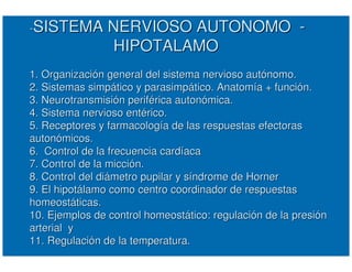 --SISTEMA NERVIOSO AUTONOMOSISTEMA NERVIOSO AUTONOMO --
HIPOTALAMOHIPOTALAMO
1.1. OrganizaciOrganizacióón general del sistema nervioso autn general del sistema nervioso autóónomo.nomo.
2. Sistemas simp2. Sistemas simpáático y parasimptico y parasimpáático. Anatomtico. Anatomíía + funcia + funcióón.n.
3. Neurotransmisi3. Neurotransmisióón perifn periféérica autonrica autonóómica.mica.
4. Sistema nervioso ent4. Sistema nervioso entéérico.rico.
5. Receptores y farmacolog5. Receptores y farmacologíía de las respuestas efectorasa de las respuestas efectoras
autonautonóómicos.micos.
6. Control de la frecuencia card6. Control de la frecuencia cardííacaaca
7. Control de la micci7. Control de la miccióón.n.
8. Control del di8. Control del diáámetro pupilar y smetro pupilar y sííndrome de Hornerndrome de Horner
9. El hipot9. El hipotáálamo como centro coordinador de respuestaslamo como centro coordinador de respuestas
homeosthomeostááticas.ticas.
10. Ejemplos de control homeost10. Ejemplos de control homeostáático: regulacitico: regulacióón de la presin de la presióónn
arterial yarterial y
11. Regulaci11. Regulacióón de la temperatura.n de la temperatura.
 