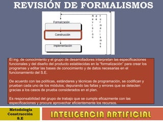 REVISIÓN DEL PROBLEMAInicia cuando el ing. de conocimiento hace una investigación global intensiva del dominio mientras busca aprender tanto sea posible acerca de los aspectos críticos del tema. Después ing. se reúne con el experto para comenzar a discutir los estudios de casos específicos y clarificar el entendimiento del conocimiento obtenido. Inicia el proceso de desarrollar un enfoque del problema básico, el modelo de consulta general, el paradigma de inferencia y la representación del conocimiento. Selecciona una herramienta que operará con eficiencia el paradigma seleccionado y se escoge la representación del conocimiento adecuada para ejemplificar la implementación del prototipo. Determinar la validez tanto del problema elegido como la de las técnicas de implementación. Finalmente se procede a realizar los ajustes necesarios. MetodologíaConstrucción S.E INTELIGENCIA ARTIFICIAL