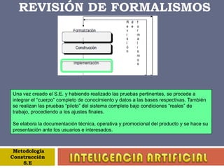 REVISIÓN DE FORMALISMOSLos propósitos principales de la fase de formalización son: • Captar y registrar la comprensión clave que se desarrolló durante a fase de prototipo. • Forzar a que la planeación se haga, antes de comenzar la implementación completa. • Registrar las decisiones respecto a las estrategias de implementación. • Ofrecer visibilidad a todo tipo de pensamiento corriente para posibilitar que más gente contribuya al proyecto. • Ofrecer visibilidad de los puntos de verificación para posibilitar a la administración del proyecto y al usuario, a involucrarse en el proyecto. • Posibilitar el desarrollo concurrente de pruebas, el despliegue y el soporte de medios a largo plazo. MetodologíaConstrucción S.E INTELIGENCIA ARTIFICIAL