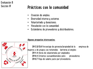 Prácticas con la comunidad 
• Creación de empleo. 
• Diversidad interna y externa. 
• Voluntariado y donaciones. 
• Vinculación con la comunidad. 
• Estándares de proveedores y distribuidores. 
Algunas preguntas interesantes: 
CM 3.3/3.8 Porcentaje de gerencia/propiedad de la 
empresa de 
mujeres o de grupos con reiteradas 
barreras al empleo 
CM 4.4 Horas de voluntariado por empleados 
CM 6.4 Criterios socioambientales para 
proveedores 
CM 6.7 Pago de salario justo por proveedores 
Evaluación B 
Sección IV 
 