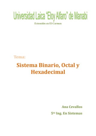 Extensión en El Carmen




Tema:

 Sistema Binario, Octal y
      Hexadecimal




                                 Ana Cevallos
                     5to Ing. En Sistemas
 