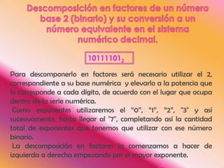 Descomposición en factores de un número base 2 (binario) y su conversión a un número equivalente en el sistema numérico decimal.101111012Para descomponerlo en factores será necesario utilizar el 2, correspondiente a su base numérica  y elevarlo a la potencia que le corresponde a cada dígito, de acuerdo con el lugar que ocupa dentro de la serie numérica. Como exponentes utilizaremos el “0”, “1”, “2”, "3" y así sucesivamente, hasta llegar al "7", completando así la cantidad total de exponentes que tenemos que utilizar con ese número binario. La descomposición en factores la comenzamos a hacer de izquierda a derecha empezando por el mayor exponente.