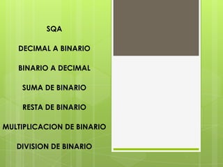SQA

   DECIMAL A BINARIO

   BINARIO A DECIMAL

    SUMA DE BINARIO

    RESTA DE BINARIO

MULTIPLICACION DE BINARIO

   DIVISION DE BINARIO
 