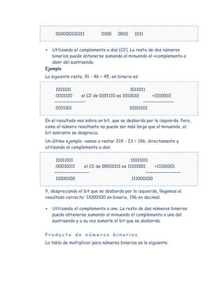 010000101011           0100     0010    1011


  Utilizando el complemento a dos (C2). La resta de dos números
   binarios puede obtenerse sumando al minuendo el «complemento a
   dos» del sustraendo.
Ejemplo
La siguiente resta, 91 - 46 = 45, en binario es:

      1011011                        1011011
     -0101110 el C2 de 0101110 es 1010010     +1010010
     ————————                              ————————
      0101101                        10101101

En el resultado nos sobra un bit, que se desborda por la izquierda. Pero,
como el número resultante no puede ser más largo que el minuendo, el
bit sobrante se desprecia.
Un último ejemplo: vamos a restar 219 - 23 = 196, directamente y
utilizando el complemento a dos:

      11011011                        11011011
     -00010111 el C2 de 00010111 es 11101001    +11101001
     —————————                               —————————
      11000100                        111000100

Y, despreciando el bit que se desborda por la izquierda, llegamos al
resultado correcto: 11000100 en binario, 196 en decimal.

   Utilizando el complemento a uno. La resta de dos números binarios
    puede obtenerse sumando al minuendo el complemento a uno del
    sustraendo y a su vez sumarle el bit que se desborda.


Producto de números binarios
La tabla de multiplicar para números binarios es la siguiente:
 