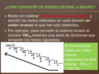 ¿COMO CONVERTIR UN NUMERO DECIMAL A BINARIO?




Basta con realizar divisiones sucesivas por 2 y
escribir los restos obtenidos en cada división en
orden inverso al que han sido obtenidos.
Por ejemplo, para convertir al sistema binario el
número 10010 haremos una serie de divisiones que
arrojarán los restos siguientes:
Si tomamos los
restos en orden
inverso
obtenemos la cifra
binaria: 10010 =
11001002

 