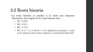 3.2 Resta binaria
• La resta binaria es similar a la resta con números
decimales. Las reglas de la resta binaria son:
 R1. 0-0=0
 R2. 1-0=1
 R3. 1-1=0
 R4. 0-1= 1 y se lleva 1 a la siguiente posición; a esto
se le conoce como carry negativo o préstamo (borrow)
 