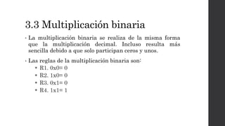 3.3 Multiplicación binaria
• La multiplicación binaria se realiza de la misma forma
que la multiplicación decimal. Incluso resulta más
sencilla debido a que solo participan ceros y unos.
• Las reglas de la multiplicación binaria son:
 R1. 0x0= 0
 R2. 1x0= 0
 R3. 0x1= 0
 R4. 1x1= 1
 