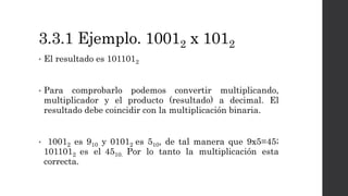 3.3.1 Ejemplo. 10012 x 1012
• El resultado es 1011012
• Para comprobarlo podemos convertir multiplicando,
multiplicador y el producto (resultado) a decimal. El
resultado debe coincidir con la multiplicación binaria.
• 10012 es 910 y 01012 es 510, de tal manera que 9x5=45;
1011012 es el 4510. Por lo tanto la multiplicación esta
correcta.
 