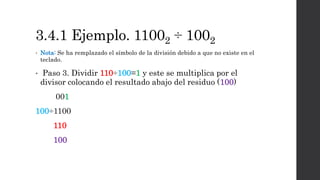3.4.1 Ejemplo. 11002 ÷ 1002
• Nota: Se ha remplazado el símbolo de la división debido a que no existe en el
teclado.
• Paso 3. Dividir 110÷100=1 y este se multiplica por el
divisor colocando el resultado abajo del residuo (100)
001
100÷1100
110
100
 