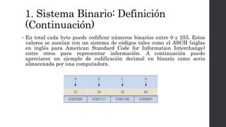 1. Sistema Binario: Definición
(Continuación)
• En total cada byte puede codificar números binarios entre 0 y 255. Estos
valores se asocian con un sistema de códigos tales como el ASCII (siglas
en inglés para American Standard Code for Information Interchange)
entre otros para representar información. A continuación puede
apreciarse un ejemplo de codificación decimal en binario como seria
almacenada por una computadora.
 