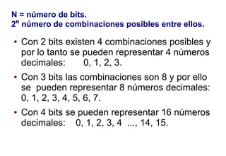 N = número de bits.
2N
número de combinaciones posibles entre ellos.
● Con 2 bits existen 4 combinaciones posibles y
por lo tanto se pueden representar 4 números
decimales: 0, 1, 2, 3.
● Con 3 bits las combinaciones son 8 y por ello
se pueden representar 8 números decimales:
0, 1, 2, 3, 4, 5, 6, 7.
● Con 4 bits se pueden representar 16 números
decimales: 0, 1, 2, 3, 4 ..., 14, 15.
 
