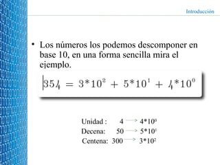 Los números los podemos descomponer en base 10, en una forma sencilla mira el ejemplo. Unidad :  4  4*10 0 Decena:  50  5*10 1 Centena:  300  3*10 2 Introducción 