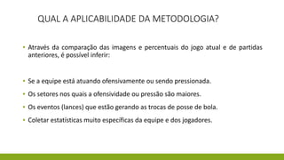 QUAL A APLICABILIDADE DA METODOLOGIA?
▪ Através da comparação das imagens e percentuais do jogo atual e de partidas
anteriores, é possível inferir:
▪ Se a equipe está atuando ofensivamente ou sendo pressionada.
▪ Os setores nos quais a ofensividade ou pressão são maiores.
▪ Os eventos (lances) que estão gerando as trocas de posse de bola.
▪ Coletar estatísticas muito específicas da equipe e dos jogadores.
 