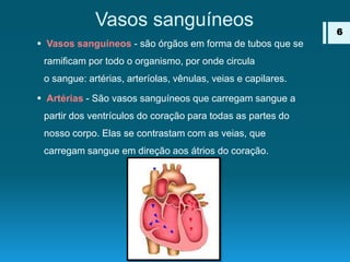 Vasos sanguíneos
 Vasos sanguíneos - são órgãos em forma de tubos que se
ramificam por todo o organismo, por onde circula
o sangue: artérias, arteríolas, vênulas, veias e capilares.
 Artérias - São vasos sanguíneos que carregam sangue a
partir dos ventrículos do coração para todas as partes do
nosso corpo. Elas se contrastam com as veias, que
carregam sangue em direção aos átrios do coração.
6
 