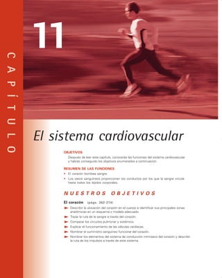 C
A
P
Í
T
U
L
O
El sistema cardiovascular
OBJETIVOS
Después de leer este capítulo, conocerás las funciones del sistema cardiovascular
y habrás conseguido los objetivos enumerados a continuación.
RESUMEN DE LAS FUNCIONES
• El corazón bombea sangre.
• Los vasos sanguíneos proporcionan los conductos por los que la sangre circula
hasta todos los tejidos corporales.
N U E S T R O S O B J E T I V O S
El corazón (págs. 362-374)
Describir la ubicación del corazón en el cuerpo e identificar sus principales zonas
anatómicas en un esquema o modelo adecuado.
Trazar la ruta de la sangre a través del corazón.
Comparar los circuitos pulmonar y sistémico.
Explicar el funcionamiento de las válvulas cardiacas.
Nombrar el suministro sanguíneo funcional del corazón.
Nombrar los elementos del sistema de conducción intrínseco del corazón y describir
la ruta de los impulsos a través de este sistema.
1
1
 