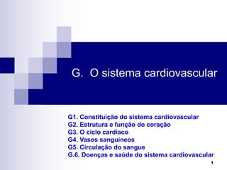 G. O sistema cardiovascular
1
G1. Constituição do sistema cardiovascular
G2. Estrutura e função do coração
G3. O ciclo cardíaco
G4. Vasos sanguíneos
G5. Circulação do sangue
G.6. Doenças e saúde do sistema cardiovascular
 