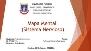 Mapa Mental
(Sistema Nervioso)
Estudiante: Antonio Sarramera.
C.I: 27.706.996.
Número de Expediente:
HPS-173-00169V.
Tutora:
Profesora Xiomara Rodríguez.
Octubre, 2017. Sección ED02D0V.
 