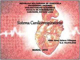 REPUBLICA BOLIVARIANA DE VENEZUELA
UNIVERSIDAD YACAMBU
VICE-RECTORADO ACADEMICO
FACULTA DE HUMANIDADES
CABUDARE, ESTADO LARA
Sistema Cardiorrespiratorio:
Alex José Valera Villegas
C.I: 16.014.942
MARZO, 2018
 